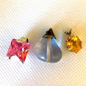 3 vintage silver pink yellow clear pendants lot